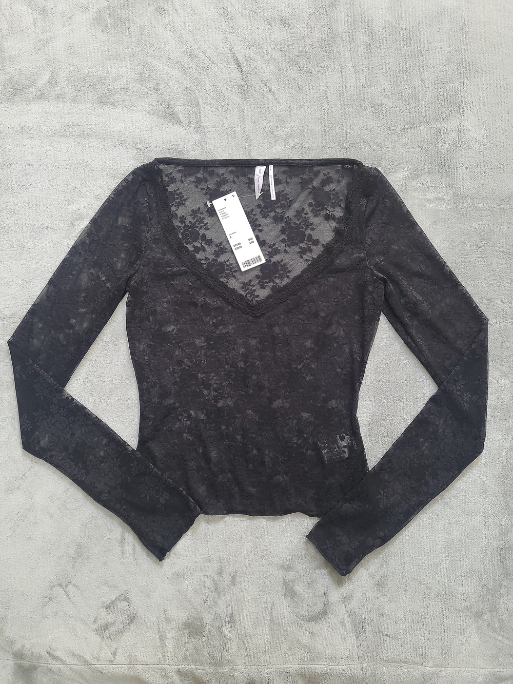 Black Sheer Lace Long-Sleeve V-Neck Top